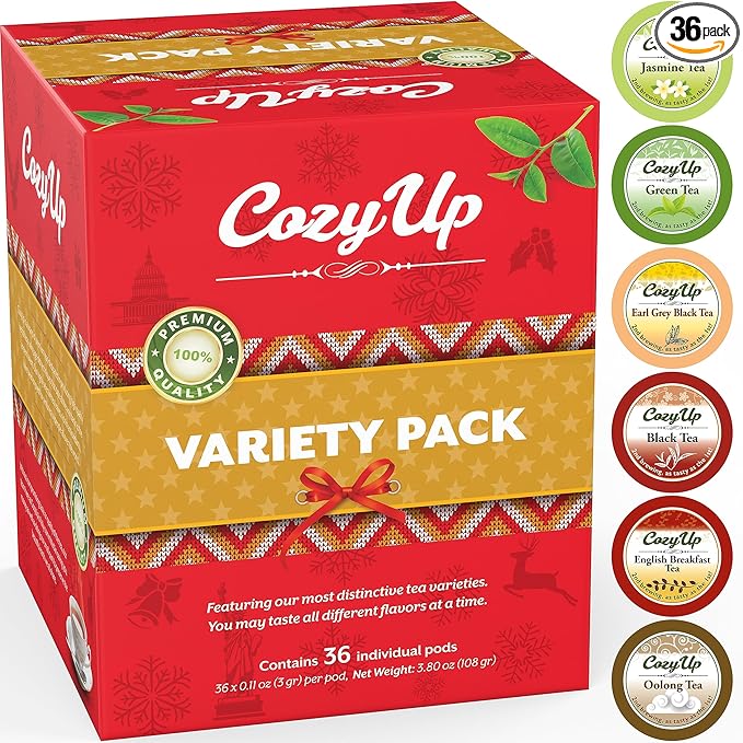 Cozy Up 36-Count 6 Flavors Variety Pack Tea Compatible with Keurig K-Cup Brewers, Including Green, Black, Jasmine, Earl Grey, English Breakfast, Oolong Tea