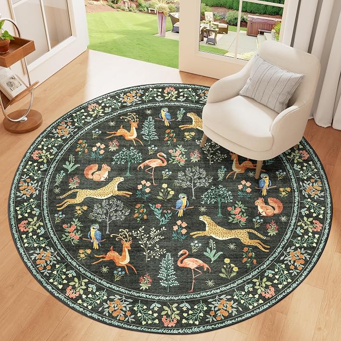 DUKINO 5ft Round Rug, Washable Animal Non Slip Circle Area Rug, Black | Low Pile, Soft, Non-Shedding Indoor Round Carpet for Bedroom, Living Room, Farmhouse, Farmhouse, Pet Friendly, Lightweight