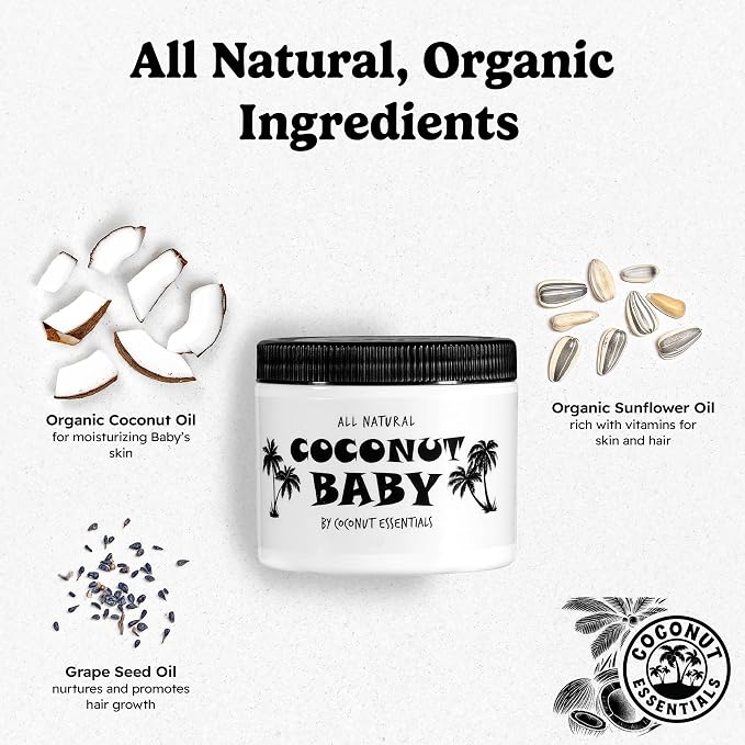 Coconut Essentials Coconut Baby Oil - Natural & Organic Moisturizer, Hair Oil for Cradle Cap Treatment, Newborn Sensitive Skin, Eczema & Psoriasis Relief, Unscented, Sunflower & GrapeSeed 4 floz