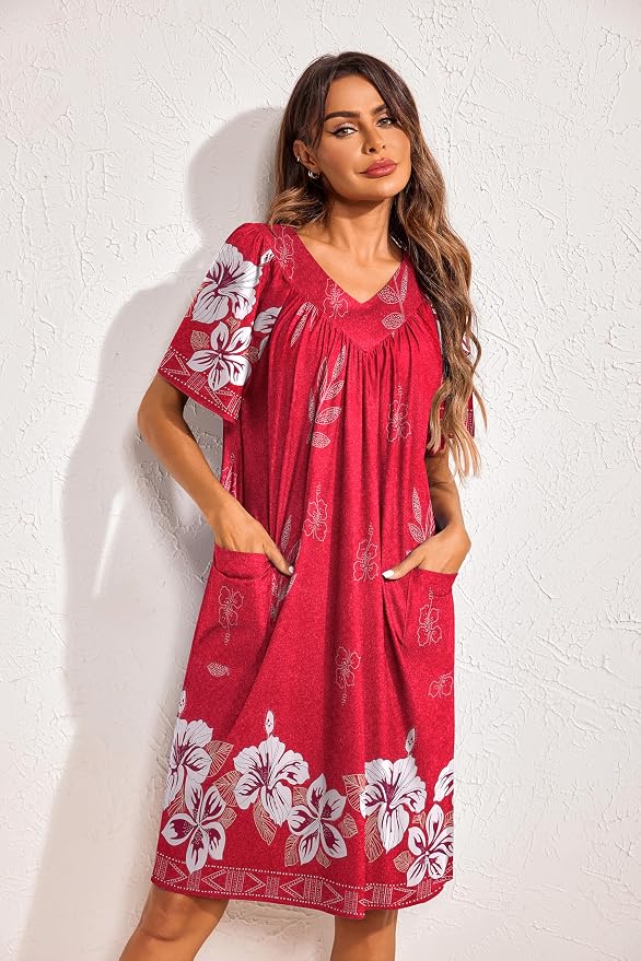 Ekouaer Womens House Dress Floral Print Nightgown with Pockets Mumu Dress
