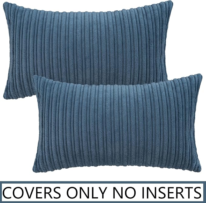 UGASA Velvet 12x20 Inch Lumbar Soft Throw Pillow Covers Decorative Corduroy Striped Both Sides Solid Rectangular Cushion Cases Boho Farmhouse for Couch Bedroom Sofa Home, Pack of 2, New-Dusty Blue