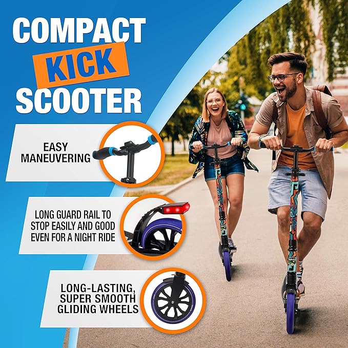 SereneLife Two Wheel Scooter for Teens, Smooth Gliding Kick Scooter for Adults w/Adjustable Height for Ages 8+, Portable All Terrain Scooter w/Carry Straps, Easy to Fold