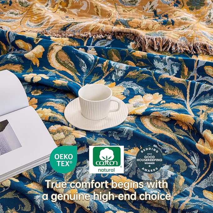 VANJOROY Boho Throw Blanket, 100% Organic Cotton Breathable Ultra Soft 91" x 108" King Bed Quilt Throw - All Season Floral Rustic Farmhouse Decor Luxury Blanket for Sofa Couch Chair and Gift