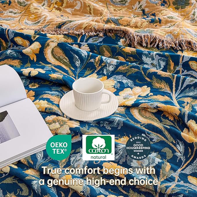 VANJOROY Boho Throw Blanket, 100% Organic Cotton Breathable Ultra Soft 50" x 60" Bed Quilt Blue Throw - All Season Bird Floral Rustic Farmhouse Decor Reversible Blanket for Couch Chair and Gift