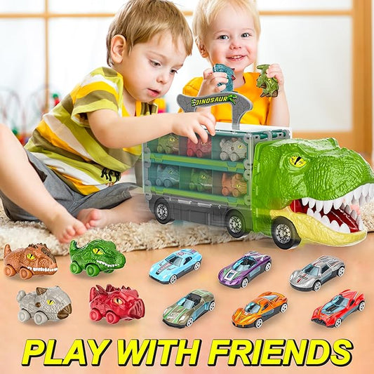 13 in 1 Dinosaur Toys Car for Kids, Dinosaur Transport Truck Track Set, Toddler Boy Toys Age 2-4 1-3, Birthday Gifts Toy for 3 4 5 6+ Year Old Boy,Foldable Track & Race Mode W/ 6 Dino Car & 6 Race Car