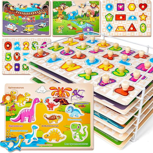 SYNARRY Wooden Puzzles for Toddlers 1-3, 6XSET Puzzles for Toddlers 2-4 with Rack, Learning Alphabet Number Shape Animal Dinosaur, Toddler Valentines Day Easter Basket Stuffers Gifts Toys for Boy Girl