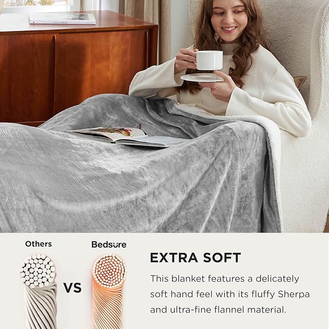 Bedsure GentleSoft Sherpa Fleece Cal King Blankets for Bed, Non-Heated, Thick and Warm Oversized Throw for Women and Men, Soft Fuzzy Plush Large Blanket for Winter, Light Grey, 112x98 Inches