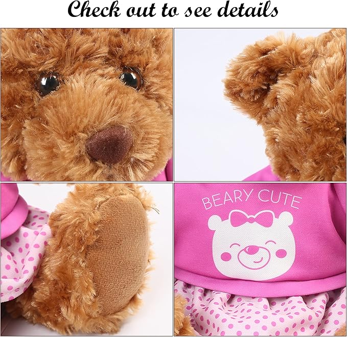 LotFancy Teddy Bear Stuffed Animal, with Removable Clothes, 10 inch Cute Baby Girl Bear Plush, with T-Shirt and Dress, Baby Shower Decoration, Easter Gift Plushies