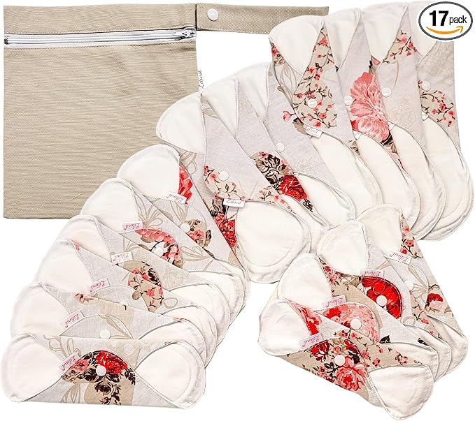 Lilind® 17 Pack Jumbo Set Organic Cloth Pads, Reusable Washable Menstrual Family Cloth, Zero Waste 100% Cotton, Random Flowers Prints
