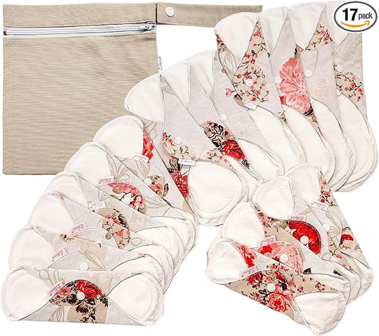 Lilind® 17 Pack Jumbo Set Organic Cloth Pads, Reusable Washable Menstrual Family Cloth, Zero Waste 100% Cotton, Random Flowers Prints