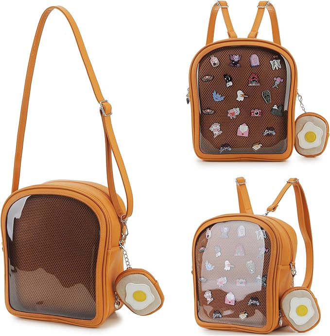 Cute Ita Bag Pin Display Backpack with 2 Inserts for Pins Novelty Toast Shaped Ita Crossbody Bag for Women with Adjustable Straps