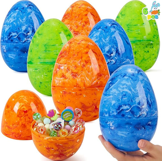 JOYIN 6 Pcs Large Marble Easter Eggs, 6 Inches Jumbo Plastic Eggs Fillable for Easter Themed Hunt Basket Stuffers Fillers Filling Treats Party Favor Classroom Prize Supplies