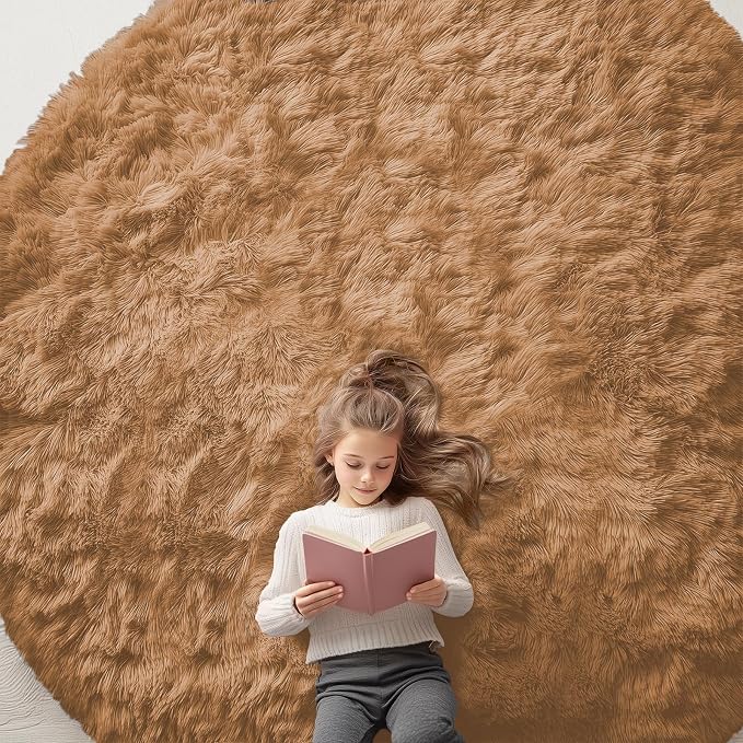 OLANLY Khaki Round Rugs for Bedroom - Machine Washable, 9 ft Circle Area Rugs for Living Room, Soft and Fluffy Shaggy Carpet for Teen Girl and Boys, Nursery Rooms, Dorms, Home Decor Aesthetic