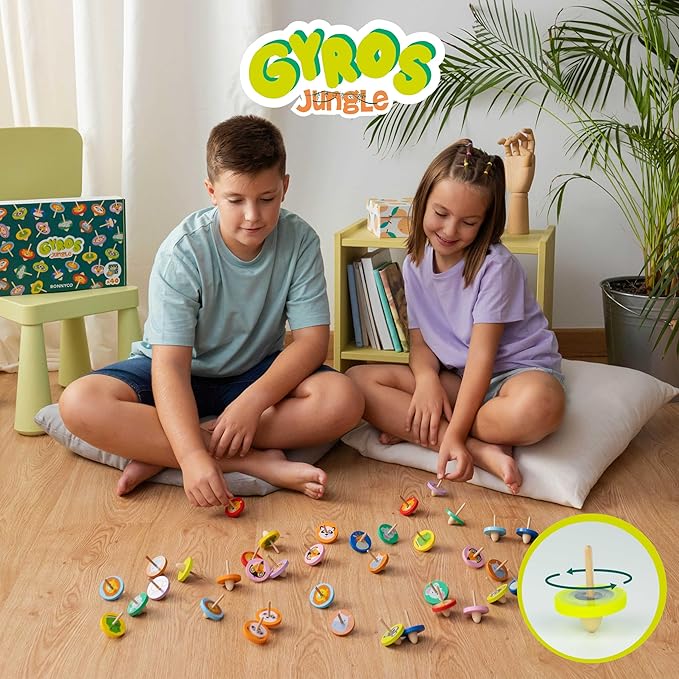 Wood Spinning Top 40 Pack Jungle Kids Party Favors - BONNYCO | Spinning Tops Goodie Bags Stuffers for Kids 3-5 4-8, Return Gifts for Birthday Party | Goody Bag Stuffers Pinata Classroom Prizes Rewards
