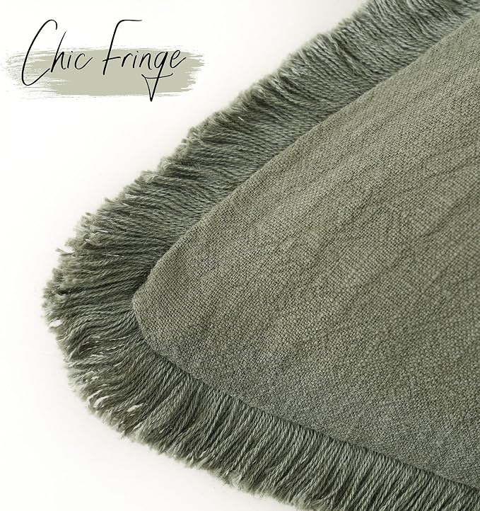 Foindtower Set of 2 Decorative Linen Fringe Throw Pillow Covers Cozy Boho Farmhouse Cushion Cover with Tassels Soft Accent Pillowcase for Couch Sofa Bed Living Room Home Decor, 16×16 Inch, Olive Green