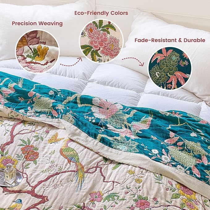 MSGKV Boho Throw Blanket 50"x60" Cotton Bird Blanket for Couch Bed Decor | 100% Cotton Throw, Chinoiserie Floral Bird, Reversible Blanket, Summer Decor, Road Trip Blanket, Machine Washable