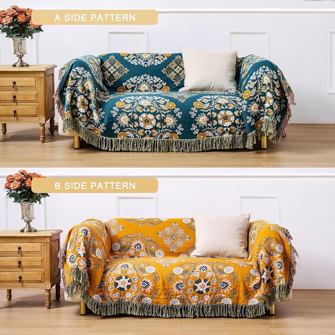 VANJOROY Boho Throw Blanket, 100% Cotton Soft Sofa Bed Throw-Floral Farmhouse Decor Blanket, Reversible Bohemian Throw for Chair Couch Quilt and Gift, 60" x 80"-Yellow