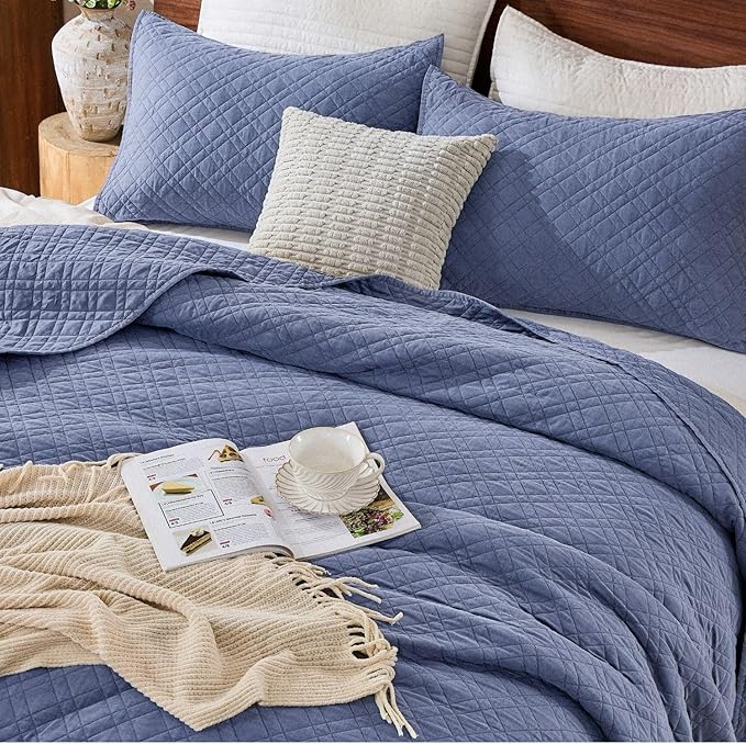Cali King Quilt Set with Shams Lightweight Quilted Bedspread Coverlet Thin Comforter Bed Cover Vintage Washed Quilted Blanket for All Season, Brushed Microfiber Diamond Stitching, Blue, 111"x92"