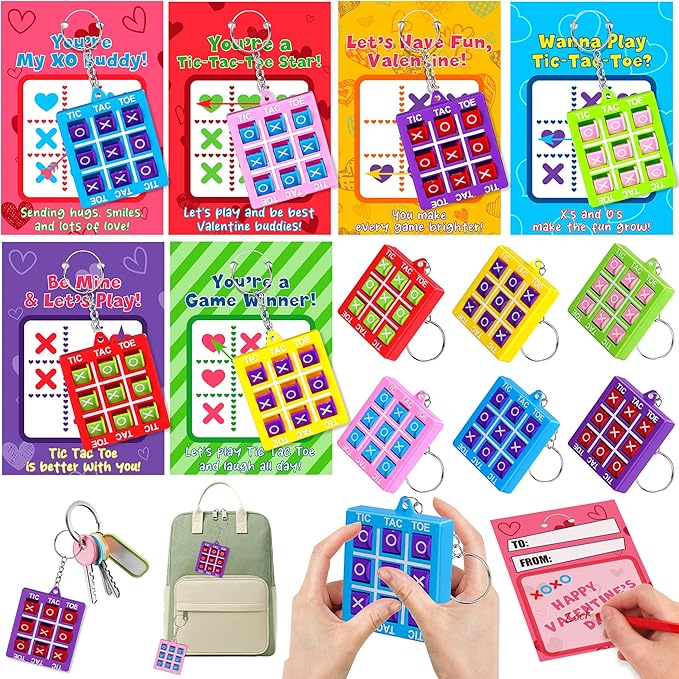 24 Pack Valentines Day Gifts for Kids Classroom Valentines Day Cards with Tic-Tac-Toe Game Keychains Valentines for Kids School Class Exchange Cards Valentines Party Favors Boys Girls Toddlers