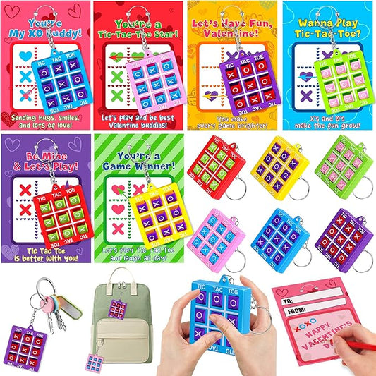24 Pack Valentines Day Gifts for Kids Classroom Valentines Day Cards with Tic-Tac-Toe Game Keychains Valentines for Kids School Class Exchange Cards Valentines Party Favors Boys Girls Toddlers