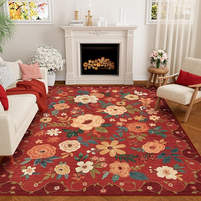 DUKINO 8x10 Area Rugs, Floral Washable Living Room Rug Non Slip, Red | Low Pile, Stain Resistant, Soft Indoor Large Carpet for Bedroom, Dining Rom, Kids Playroom, Pet Friendly, Modern Home Decor