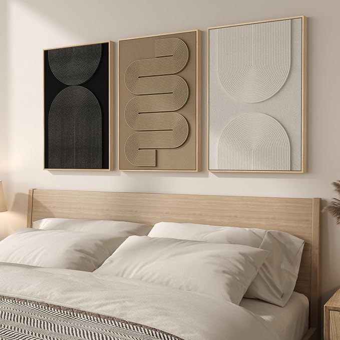 3D Textured Framed Neutral Abstract Geometric Wall Art Set of 3, 16 x 24 In | Solid wood frame, sculptural linework, black, beige and white palette, modern minimalist boho decor for living room bedroom