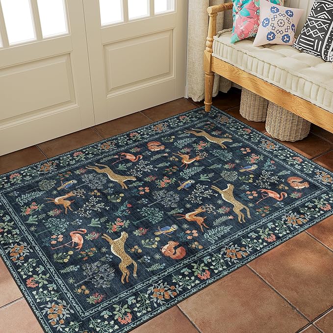 DUKINO 2x3 Entryway Rug, Washable Door Mat Animal Kitchen Rug, Navy Blue | Non Slip, Low Pile, Soft Indoor Small Rug for Entrance, Bedroom, Bathroom, Laundry, Pet Friendly, Lightweight, Non-Shedding
