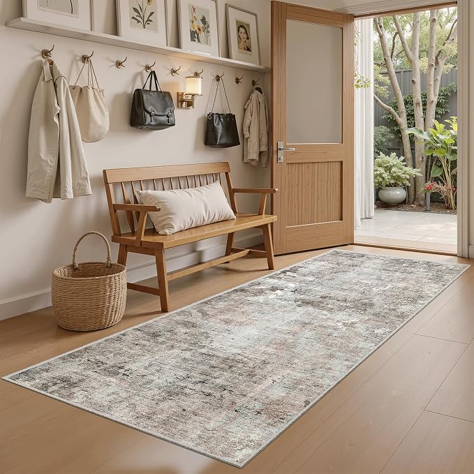 Soalmost Abstratc Runner Rug 2x5 Washable Kitchen Entry Runners Pink/Grey | Non-Slip Low-Pile Rugs for Bathroom Laundry Room, Vintage Foldable Floor Carpet Mat Hallway Entryway for Corridor Bedroom
