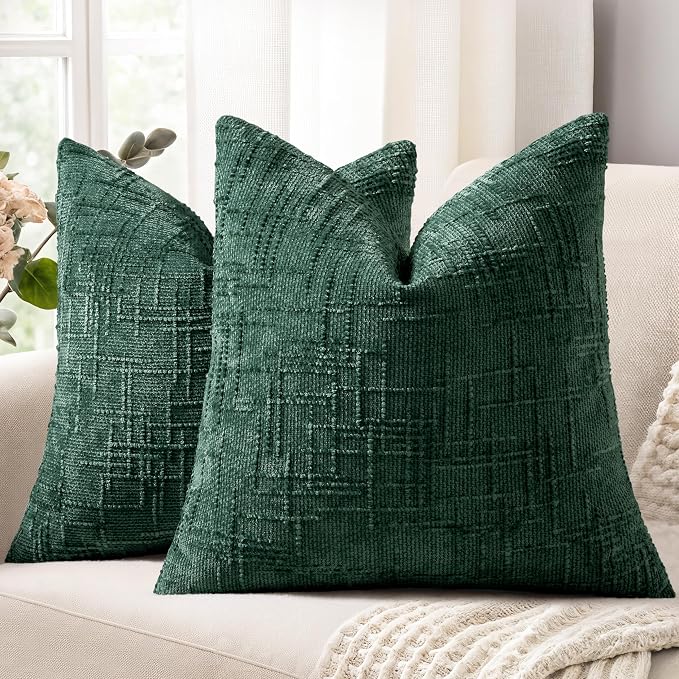 decorUhome Textured Chenille Throw Pillow Covers 26x26 Set of 2 Green | Fall Modern Farmhouse Soft Cozy Slubby Couch Pillow Cases Boho Decorative Pillow Cases for Bed Sofa Living Room Home Decor