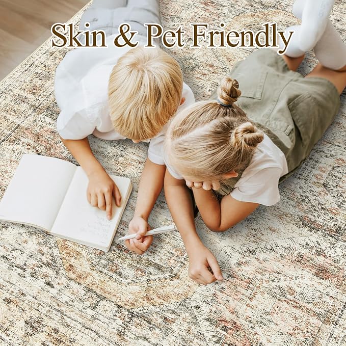 Soalmost 10x14 Area Rugs for Living Room Washable Rug Non-Slip Brown/Pink | Large Vintage Stain Resistant Carpet for Dining Bedroom, Low Pile Lightweight Foldable Floor Mat Nursery Home Office Decor