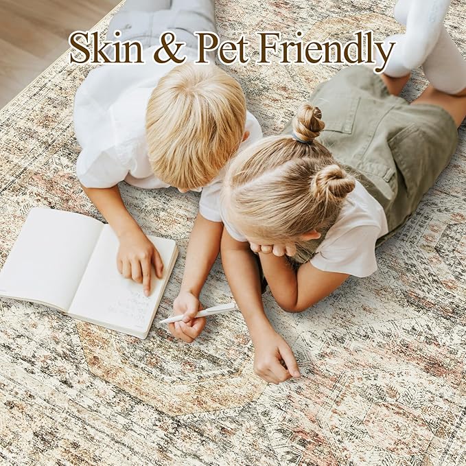Soalmost 5x7 Area Rugs Brown/Pink Low Pile Washable Trendy Faded Style Rug | Vintage Non-Slip Indoor Accent for Bedroom Dining, Foldable Stain Resistant Floor Carpet Mat Under Table Home Office Decor