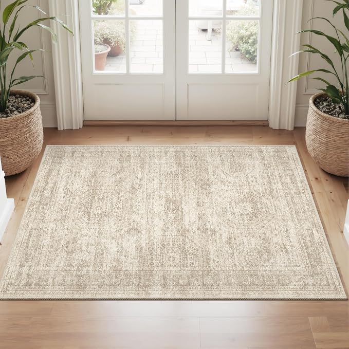 Soalmost 2x3 Washable Rugs for Kitchen, Entryway, Small Area Rug Beige | Non-Slip Vintage Low Pile Throw Door Mat For Bathroom Entry Laundry Powder Room, Stain Resistant Indoor Entrance Floor Carpet