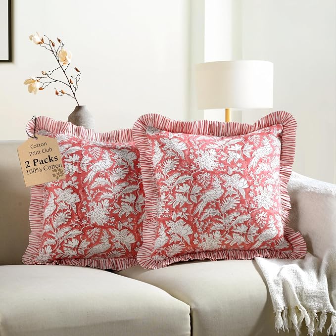 CPC Block Print Ruffle Throw Cover Pink Coral 16"x16" Inch Pack of 2-100% Cotton Ruffle Couch Decorative Boho Pillows Case for Living Room, Bedroom, Sofa, Farmhouse Gift for Spring, Mother's Day