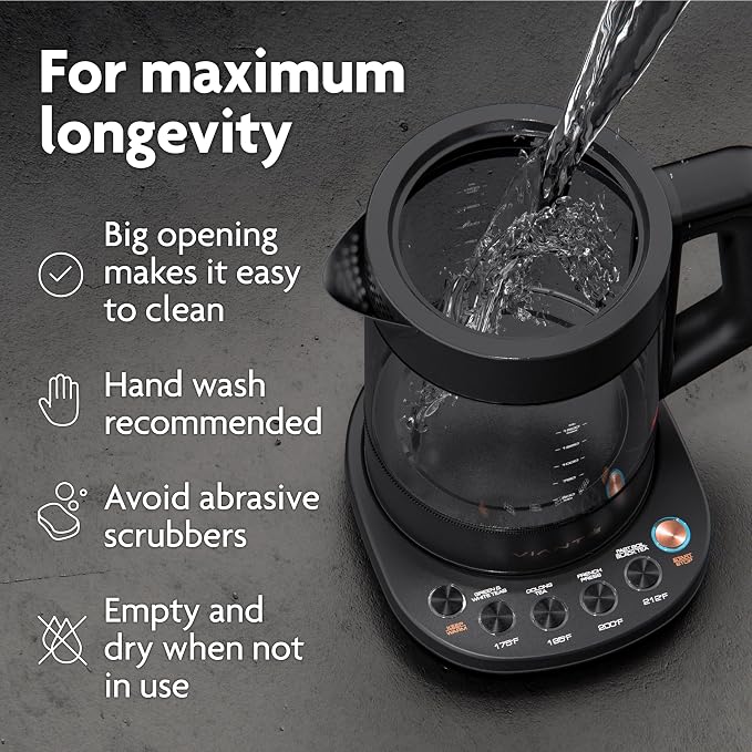 Viante Alba Electric Tea Kettle with Infuser, No Plastic In Contact With Water, 1.5L Borosilicate Glass, 304 Stainless Steel, 4 Temperature Presets, Keep Warm, Cordless, Auto Shut-Off, Black