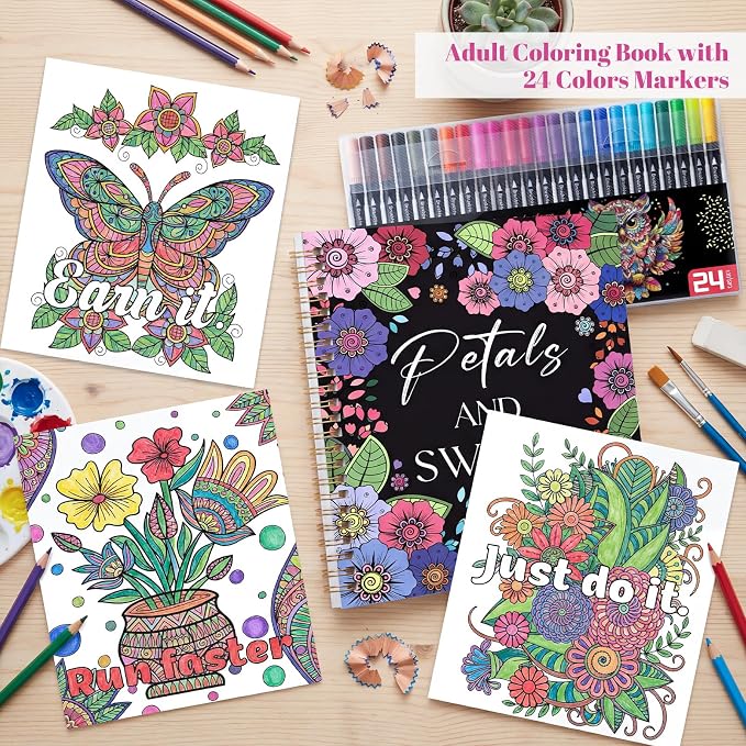Adult Coloring Book Set for Relaxation, Spiral Bound Coloring Book for Women with 24 Colors Markers, Mindfulness Stress Relief 32 Patterns for Adults, Gift(7×8.2in)