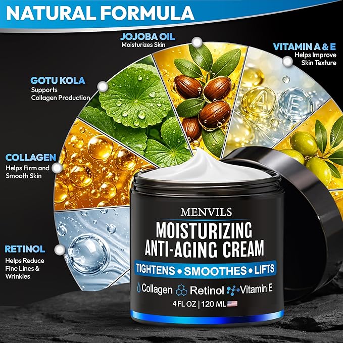 (2 Pack) Mens Face Moisturizer Cream - Anti Aging & Wrinkle for Men with Collagen, Retinol, Vitamins E, Jojoba Oil - Face Lotion - Age Facial Skin Care - Eye Wrinkle - 8 oz Total