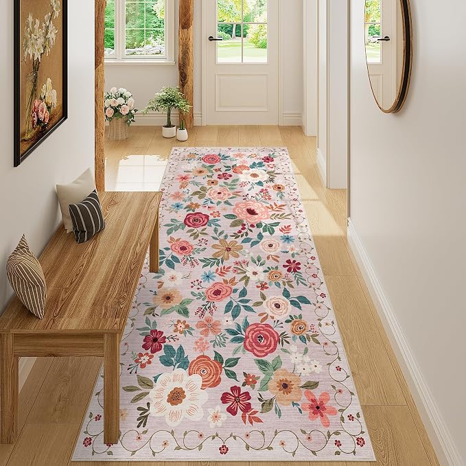 DUKINO 3x7 Kitchen Runner Rug, Washable Rug for Hallway Non Slip, Beige | Floral, Low Pile, Soft Indoor Rug for Bedroom, Bathroom, Entryway, Laundry, Pet Friendly, Stain Resistant, Modern Home Decor