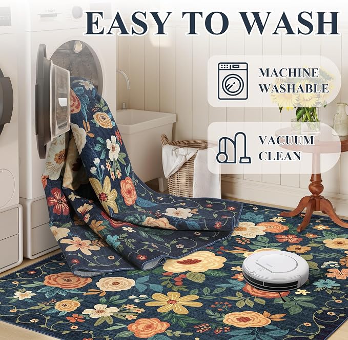 DUKINO 3x14 Washable Runner Rug, Non Slip Kitchen Runner Rug, Navy Blue | Soft, Low Pile, Floral Indoor Long Carpet Runner for Hallway, Entryway, Bedroom, Bathroom, Laundry, Pet Friendly, Home Decor
