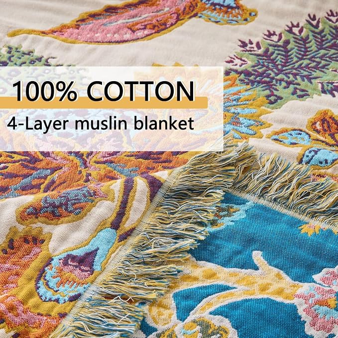 Boho Throw Blanket Farmhouse Decor Throw Blanket Bohemian Blanket for Bed 100% Cotton Muslin Woven Couch Blanket All Seasons Quilt Bedroom (E-Beige, 50"x60")