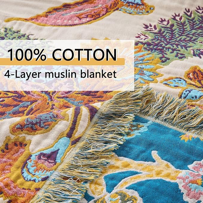 Boho Throw Blanket Farmhouse Decor Throw Blanket Bohemian Blanket for Bed 100% Cotton Muslin Woven Couch Blanket All Seasons Quilt Bedroom (E-Beige, 60"x80")