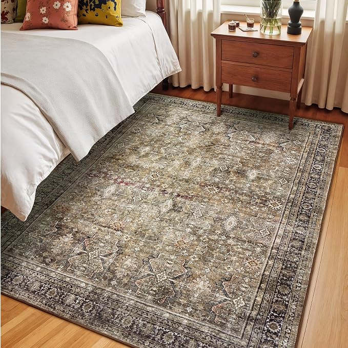 6x9 Area Rugs for Living Room, Non-Slip Washable Brown Vintage Carpet | Soft Area Rugs for Bedroom Dining Room Home Office Indoor Nursery, Stain Resistant, Low Pile, Vintage Distressed Rug