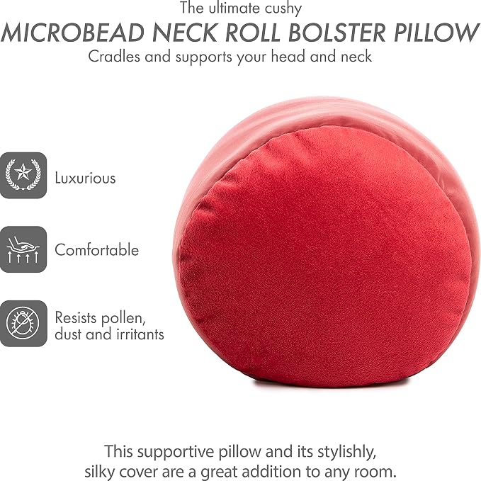 PILLOWY Microbead Bolster Neck Roll Pillow, Gently On Body, Head, Neck & Shoulders No Pain Rest, Relax Sleep - Silky Feel Prevent Wrinkles & Hair Breakage - Lightweight Cylinder, 14" x 8", Deep Red