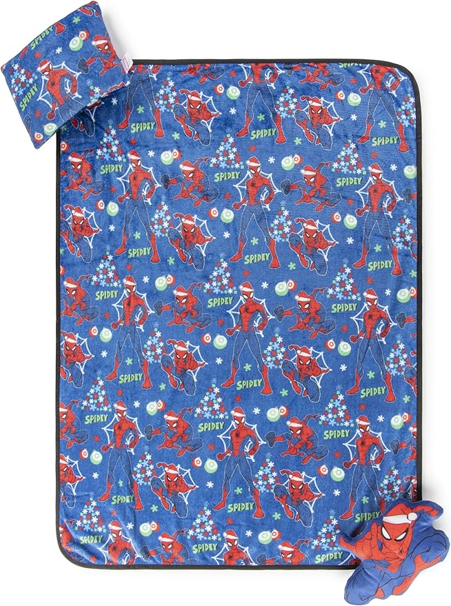 Jay Franco Kids 3 Piece Gift Set – 12" Shaped Character Pillow, 12" Decorative Pillow & 40" x 50" Throw Blanket, Ultra-Soft Plush Bedding, Couch Décor & Holiday Travel Set, Multi - Christmas Spiderman