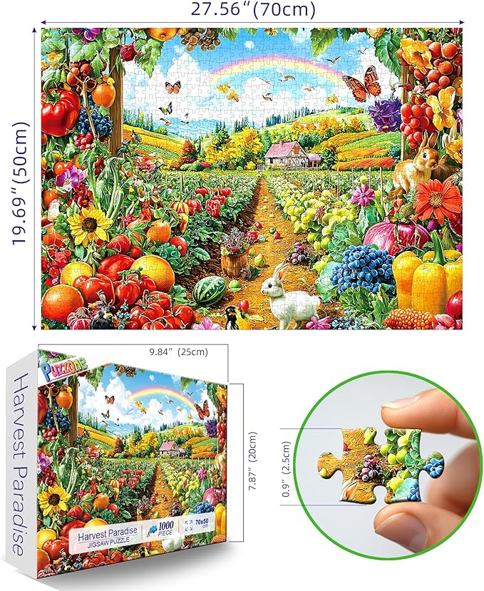 Garden Paradise 1000 Piece Jigsaw Puzzle for Adults, Colorful Countryside Landscape with Rainbow, House, Sunflowers, Rabbits & Butterflies Challenging Puzzle for Adults Fun Family Game Night Gift