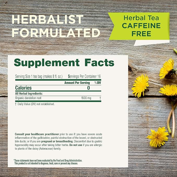 Traditional Medicinals Organic, Roasted, Dandelion Root Tea - Supports Normal Detox + Digestion - Kosher, Non-GMO, Caffeine-Free, Compostable - 16 Tea Bags, (Pack of 2)