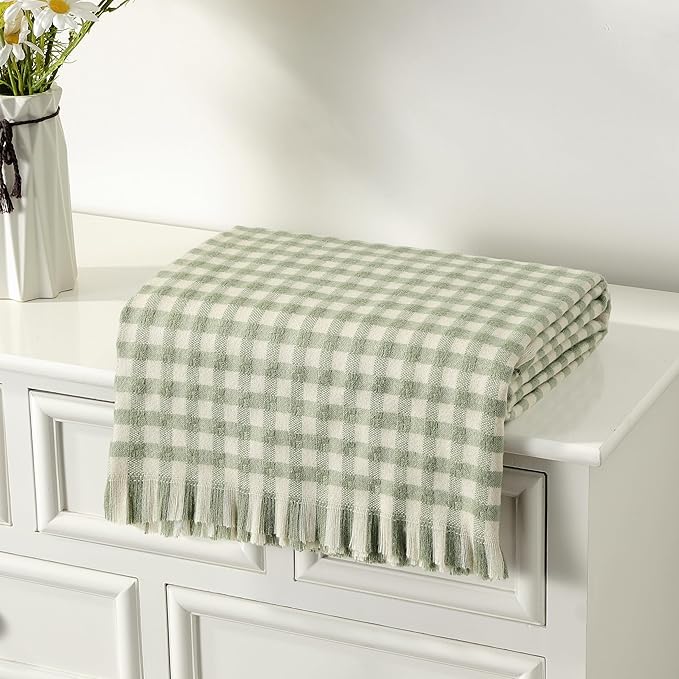 CREVENT Farmhouse Boho Knitted Throw Blanket for Couch Sofa Chair Bed Home Decoration, Soft Warm Cozy Light Weight for Spring Summer Fall (50''X60'' Plaid Green)
