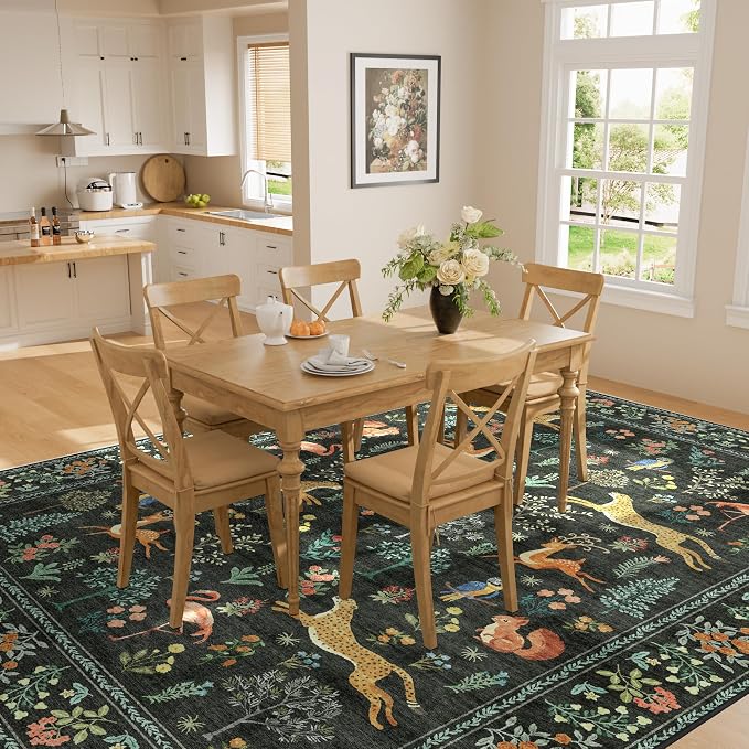 DUKINO 5x7 Area Rugs, Washable Animal Rug for Living Room Non Slip, Black | Low Pile, Soft Indoor Carpet for Bedroom, Kids Room, Dining Room, Pet Friendly, Farmhouse, Stain Resistant, Non-Shedding