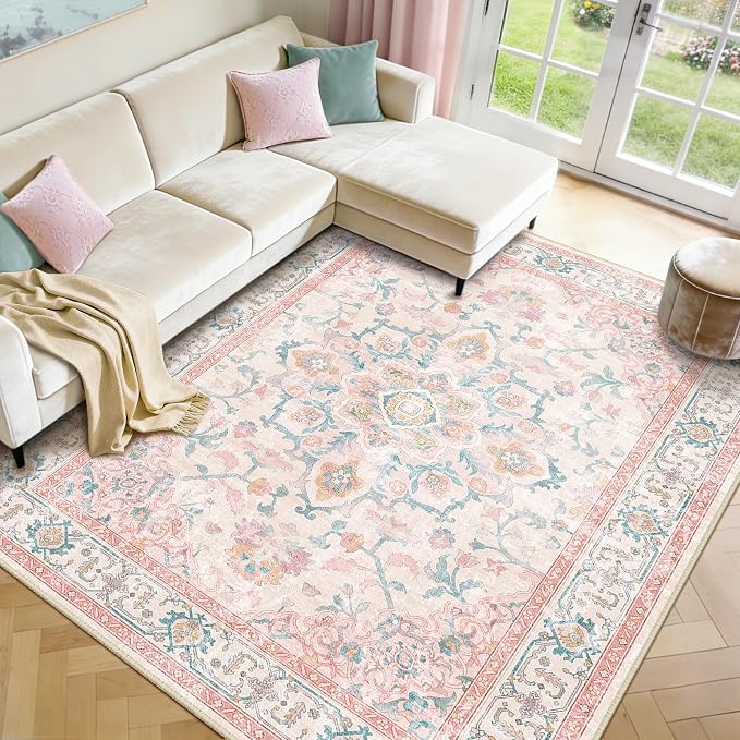 CAPALOCA 9x12 Washable Nursery Girls Low Pile Area Rug Pink Teal | Non-Slip Soft Rugs for Bedroom Kids Playroom Living Room, Print Pattern Water Repellent Carpet Indoor Decor