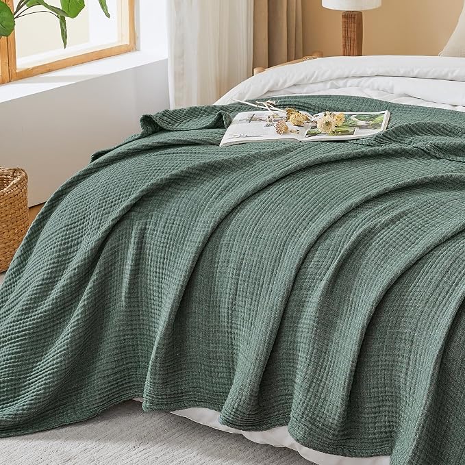 EMME Cotton Muslin Large Throw Blanket Couch Breathable Gauze Soft Lightweight Bed Blankets Adults (Heather Forest Green, 50"x70")