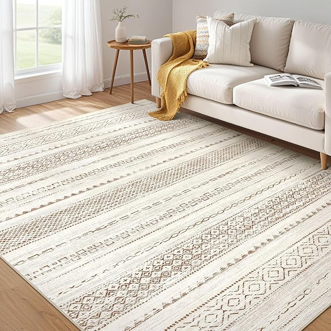 Nakagishi Boho 6x9 Area Rug Living Room Rugs Machine Washable Brown | Soft, Pet & Kid Friendly, Carpet for Living Room/Bedroom/Office/Kitchen/Nursery, Daily Home Decor Stain Resistant Moroccan